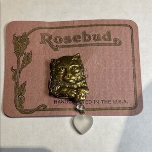 Vintage Rosebud Gold Cat Brooch with Heart Charm